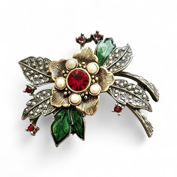 Avon Jewelry - Vintage Avon Floral Brooch with Red and Green Pearl Accents